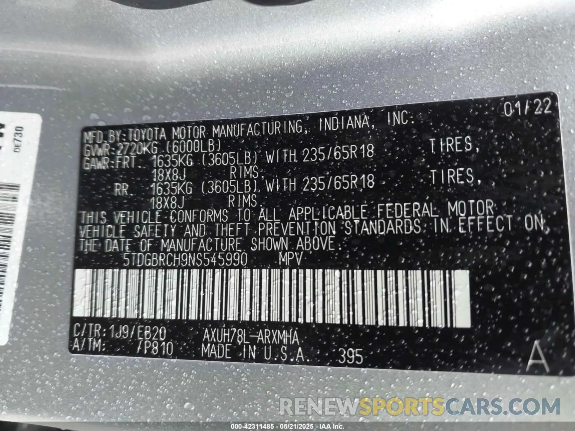 9 fotografías del automóvil dañado 5TDGBRCH9NS545990 TOYOTA HIGHLANDER 2022