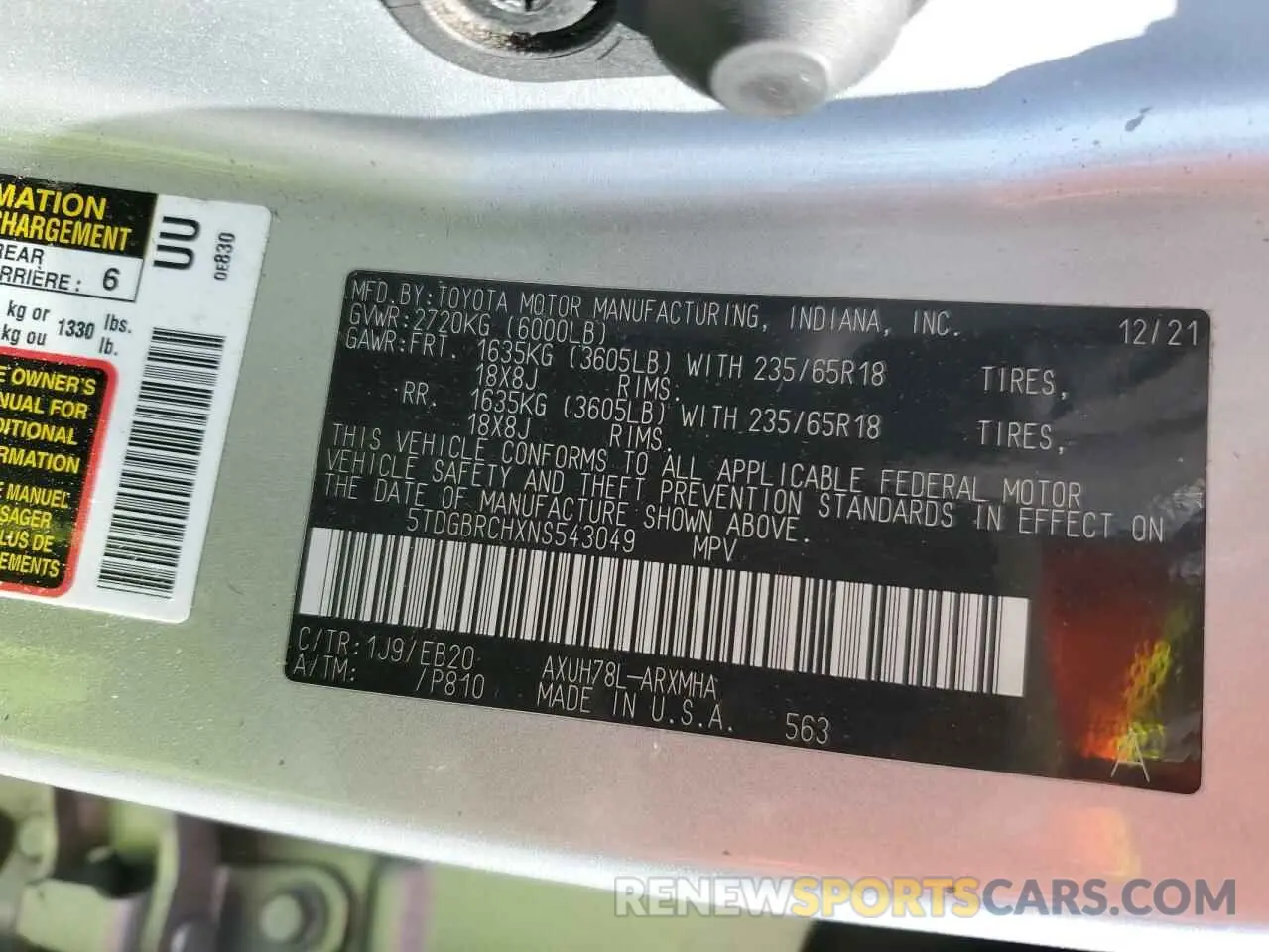 13 fotografías del automóvil dañado 5TDGBRCHXNS543049 TOYOTA HIGHLANDER 2022