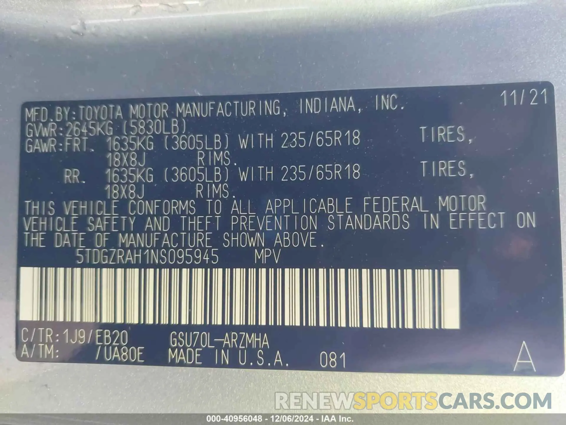 9 fotografías del automóvil dañado 5TDGZRAH1NS095945 TOYOTA HIGHLANDER 2022