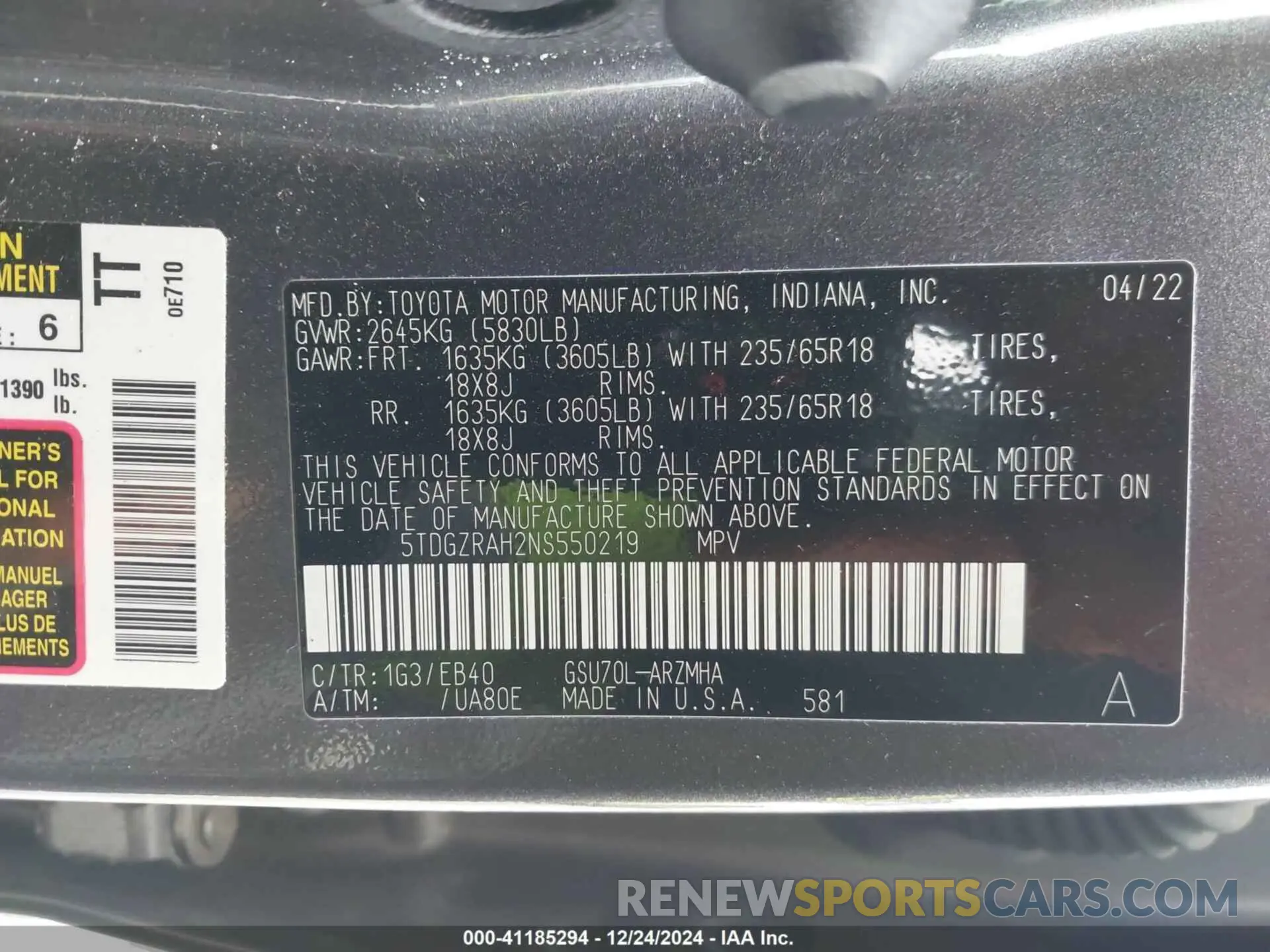 9 fotografías del automóvil dañado 5TDGZRAH2NS550219 TOYOTA HIGHLANDER 2022