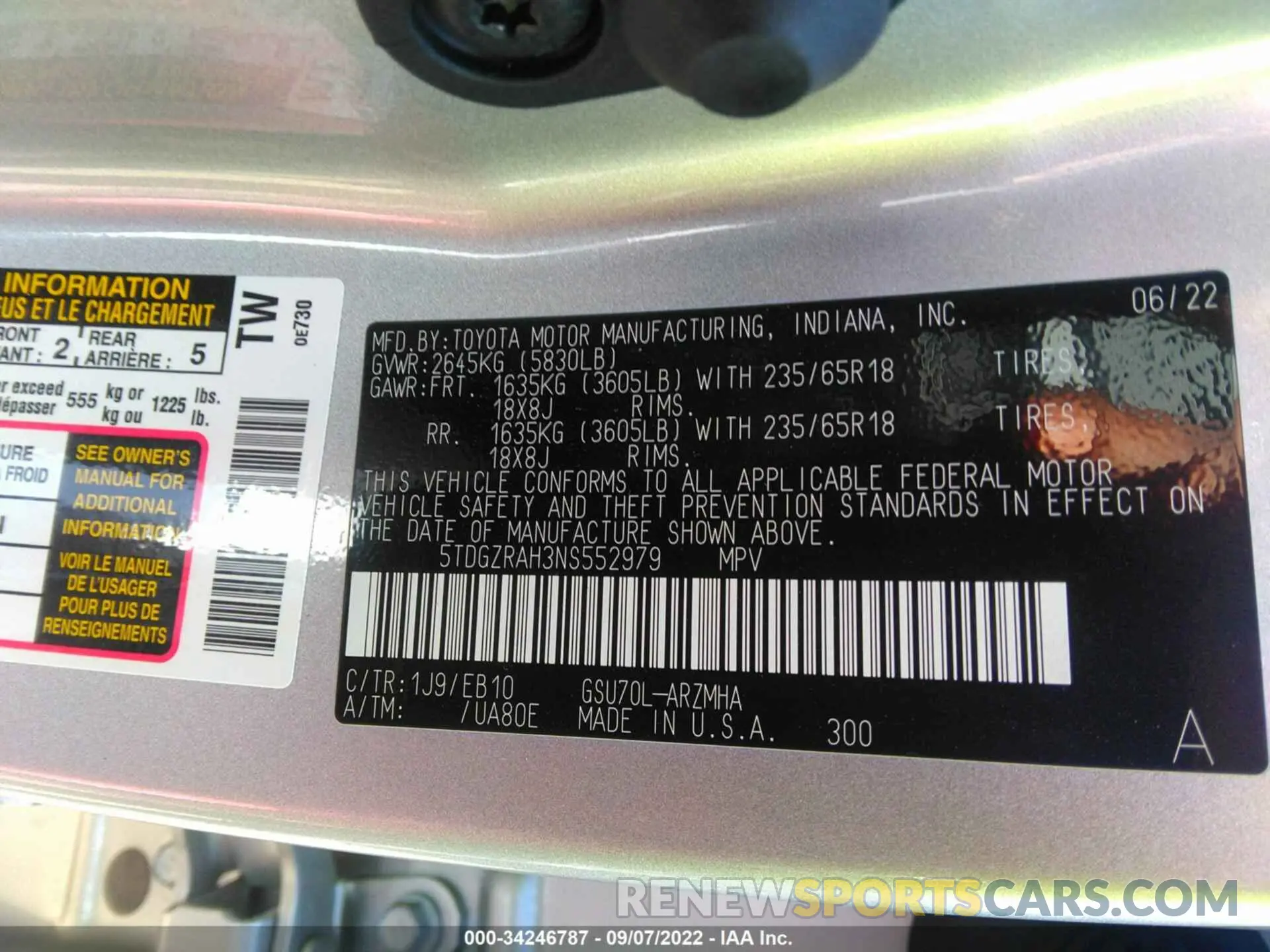 9 fotografías del automóvil dañado 5TDGZRAH3NS552979 TOYOTA HIGHLANDER 2022