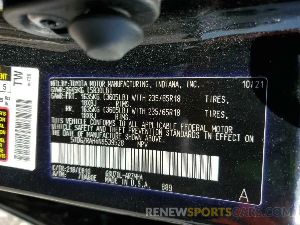 15 fotografías del automóvil dañado 5TDGZRAH4NS539528 TOYOTA HIGHLANDER 2022