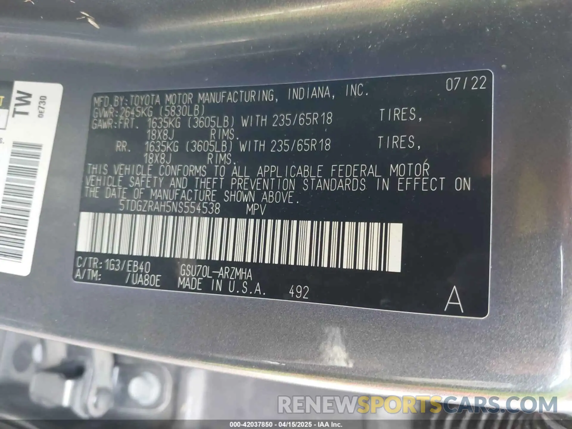 9 fotografías del automóvil dañado 5TDGZRAH5NS554538 TOYOTA HIGHLANDER 2022