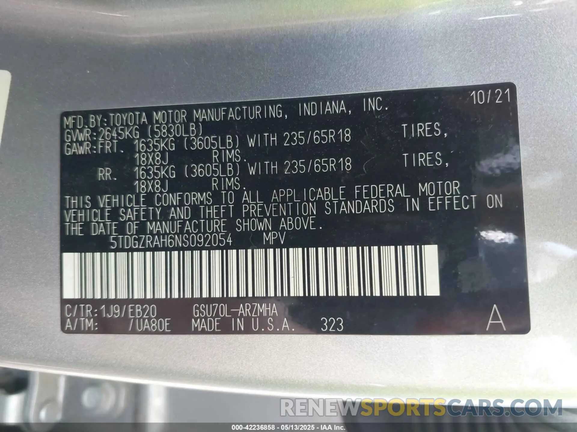 9 fotografías del automóvil dañado 5TDGZRAH6NS092054 TOYOTA HIGHLANDER 2022