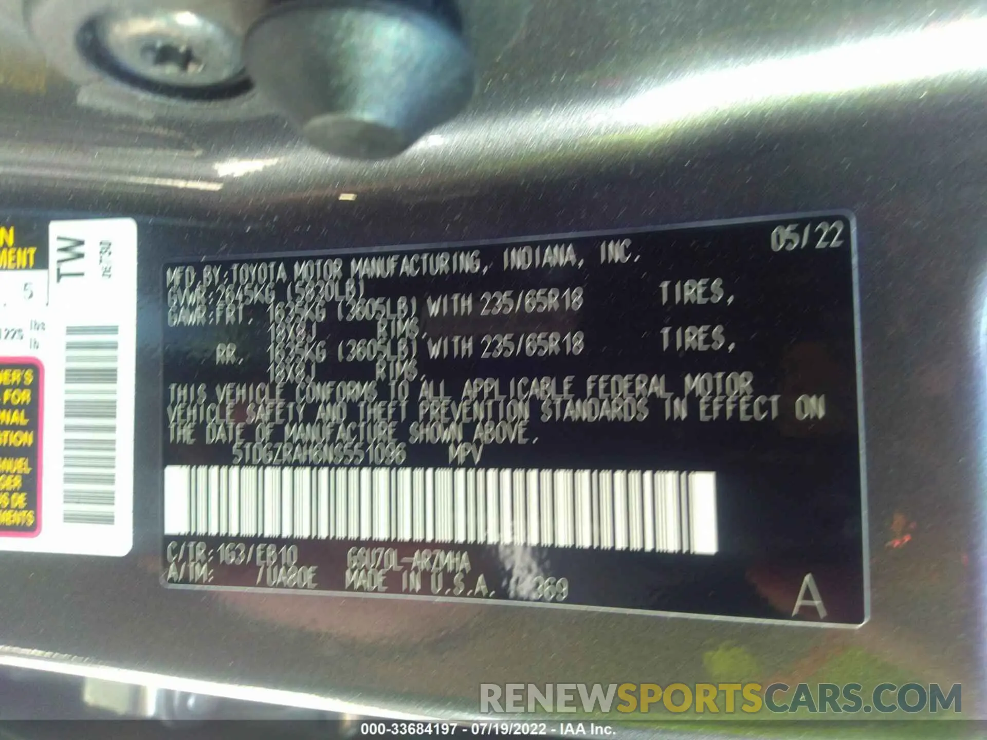 9 fotografías del automóvil dañado 5TDGZRAH6NS551096 TOYOTA HIGHLANDER 2022