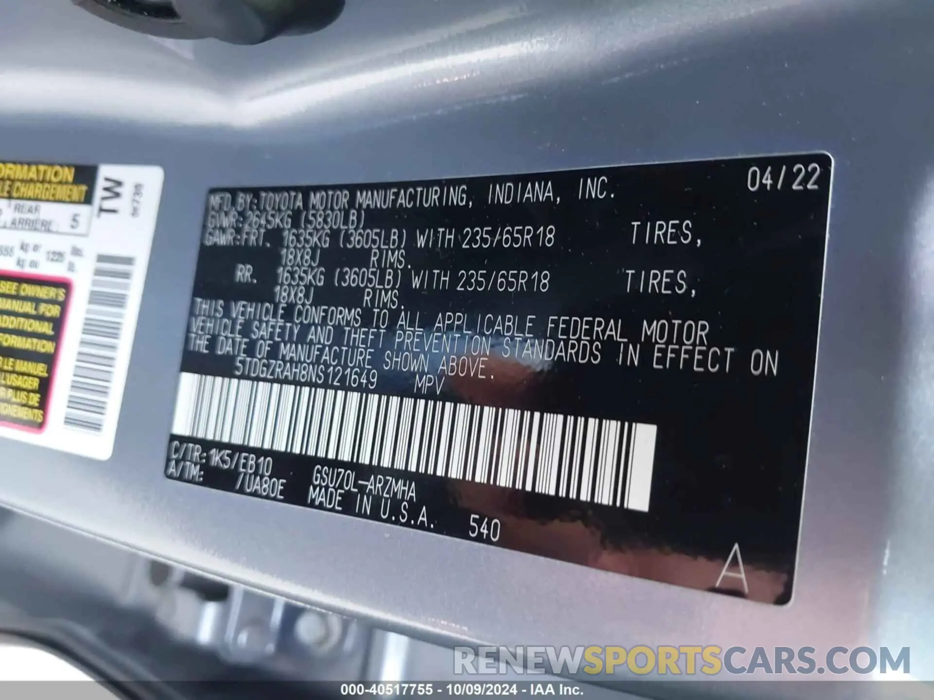 9 fotografías del automóvil dañado 5TDGZRAH8NS121649 TOYOTA HIGHLANDER 2022