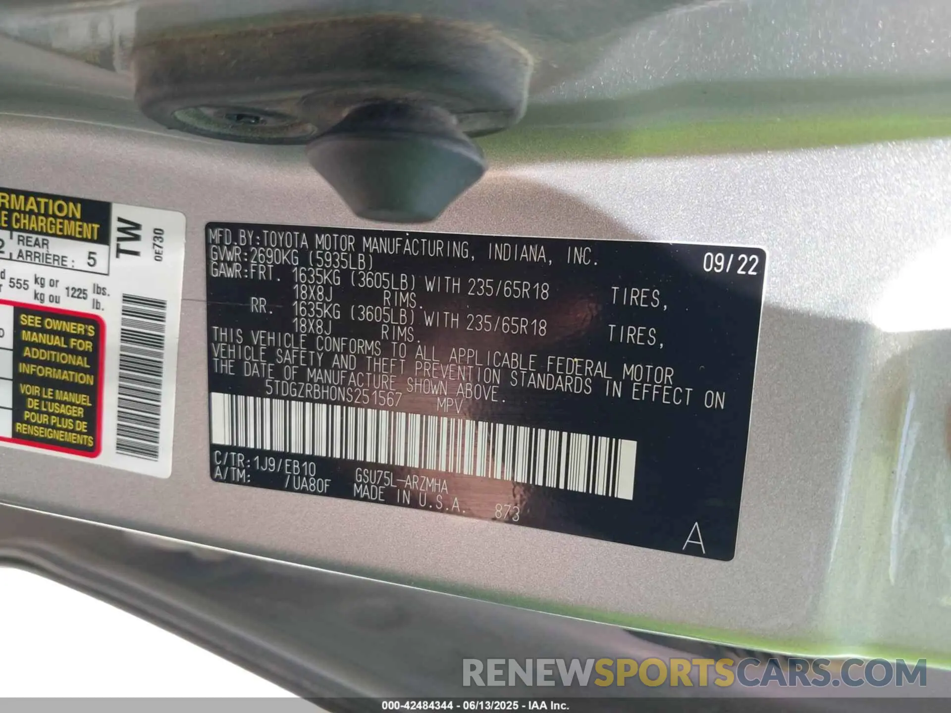 9 fotografías del automóvil dañado 5TDGZRBH0NS251567 TOYOTA HIGHLANDER 2022