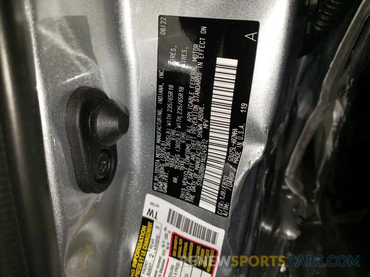10 fotografías del automóvil dañado 5TDGZRBH1NS245812 TOYOTA HIGHLANDER 2022