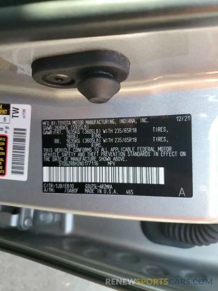 13 fotografías del automóvil dañado 5TDGZRBH2NS177116 TOYOTA HIGHLANDER 2022