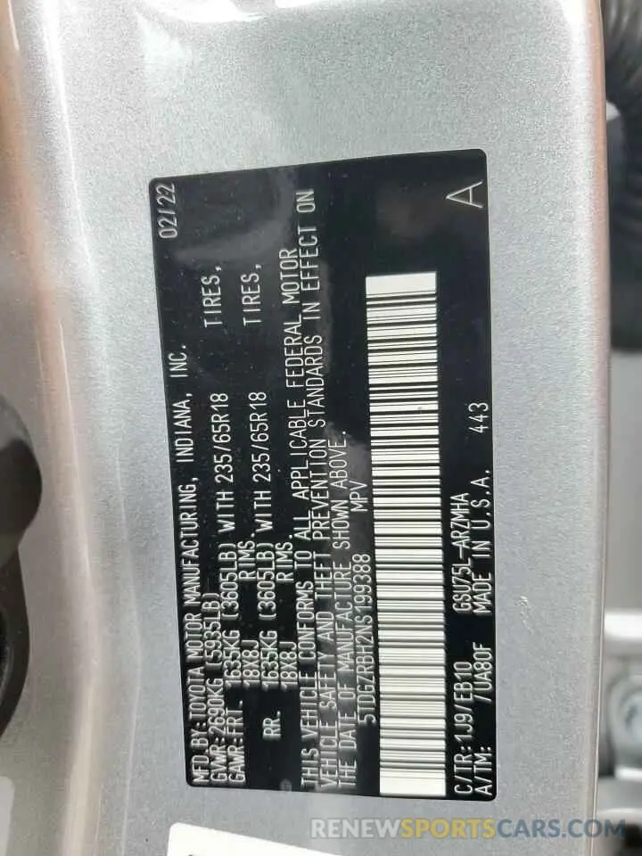 13 fotografías del automóvil dañado 5TDGZRBH2NS199388 TOYOTA HIGHLANDER 2022