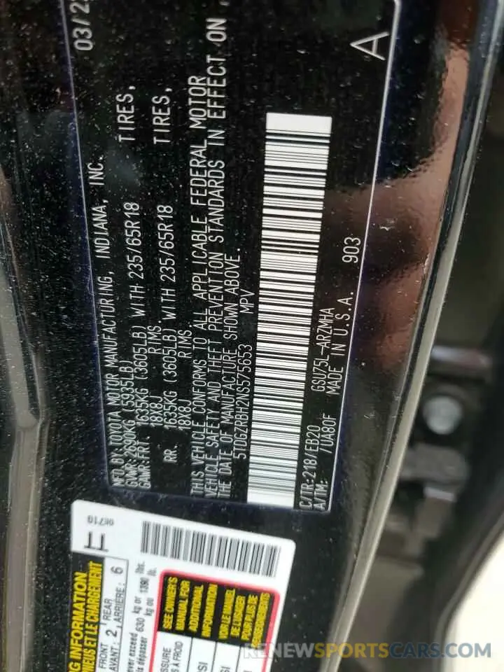 13 fotografías del automóvil dañado 5TDGZRBH2NS575653 TOYOTA HIGHLANDER 2022