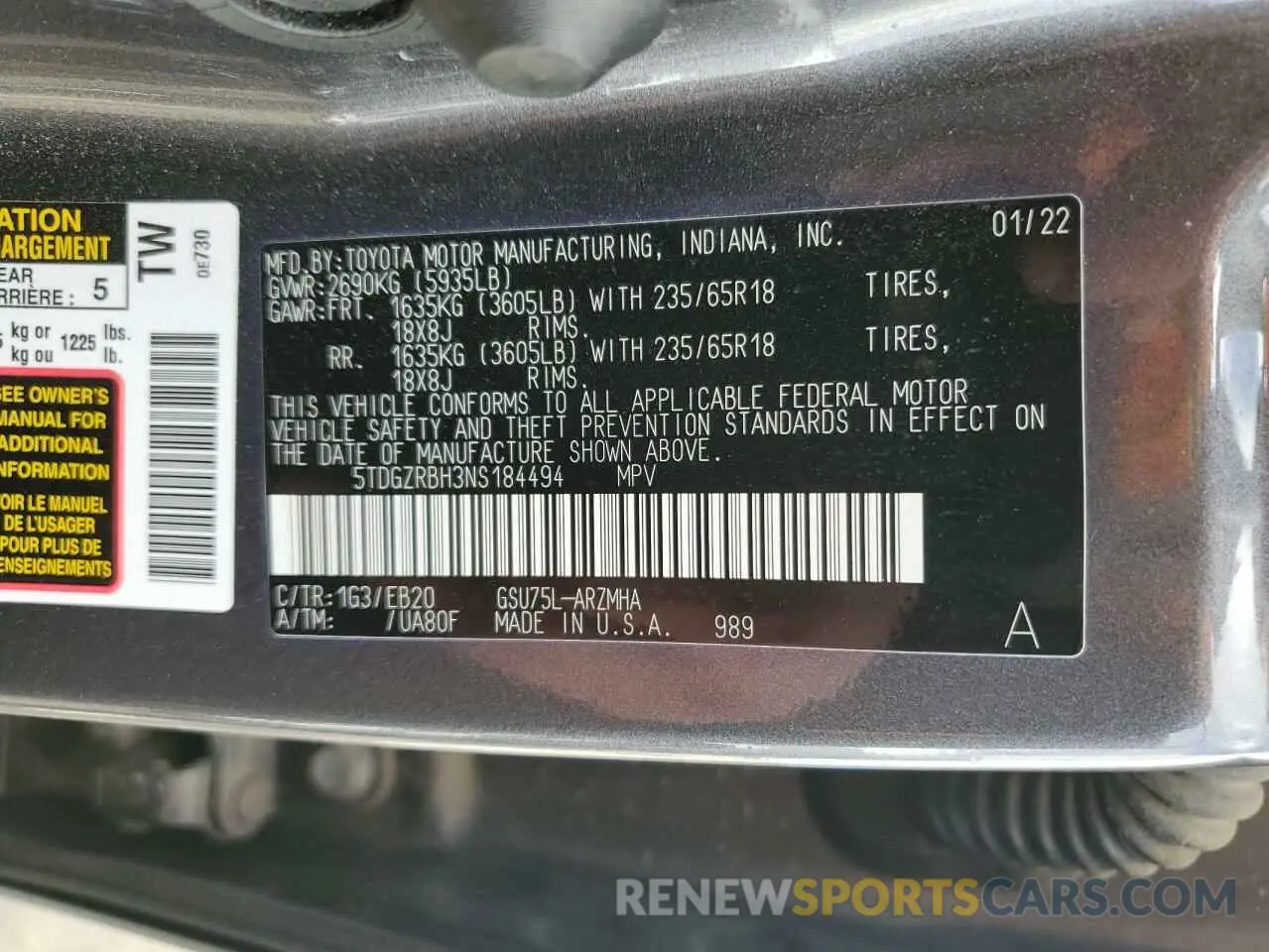 13 fotografías del automóvil dañado 5TDGZRBH3NS184494 TOYOTA HIGHLANDER 2022