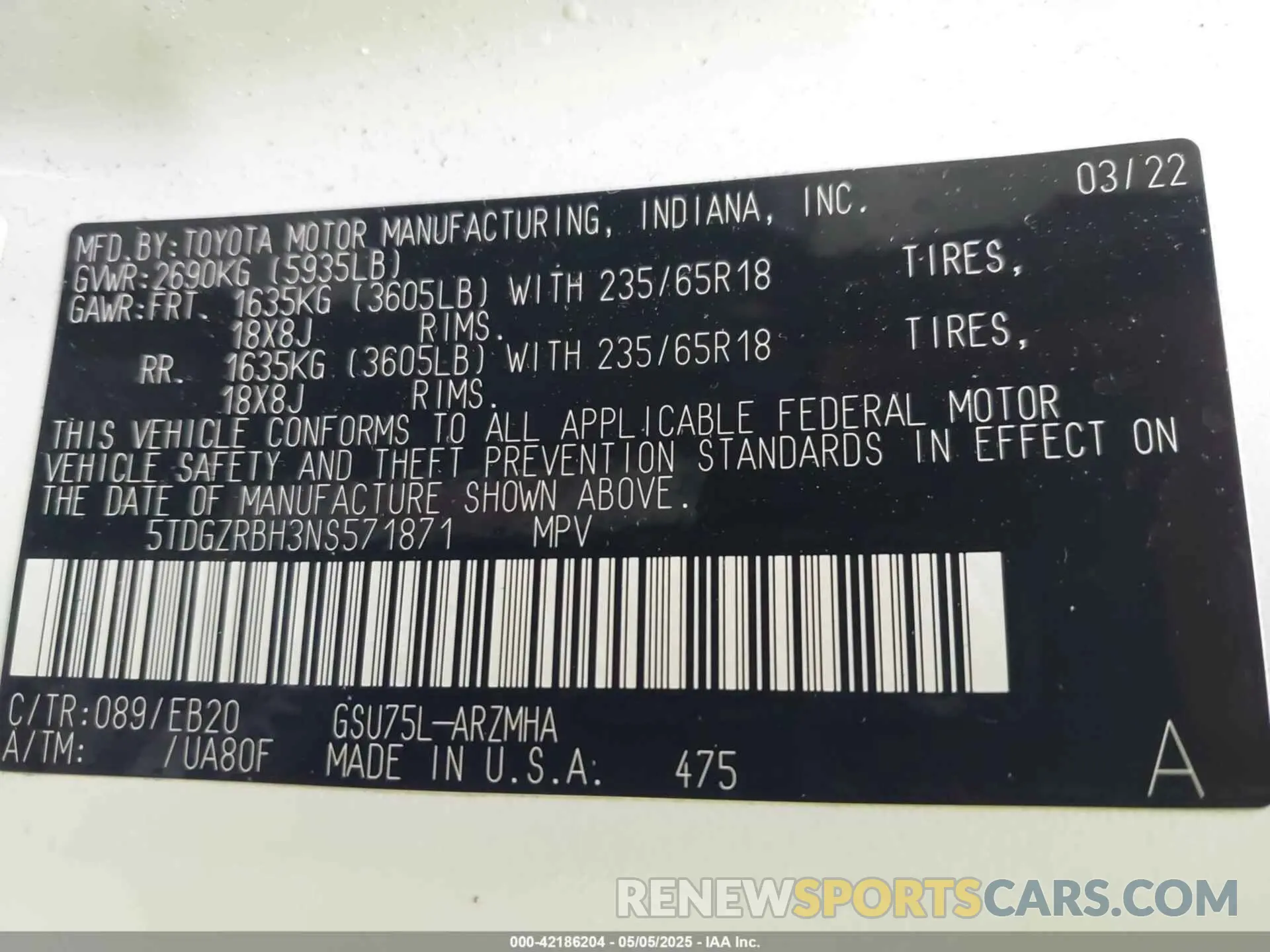 9 fotografías del automóvil dañado 5TDGZRBH3NS571871 TOYOTA HIGHLANDER 2022