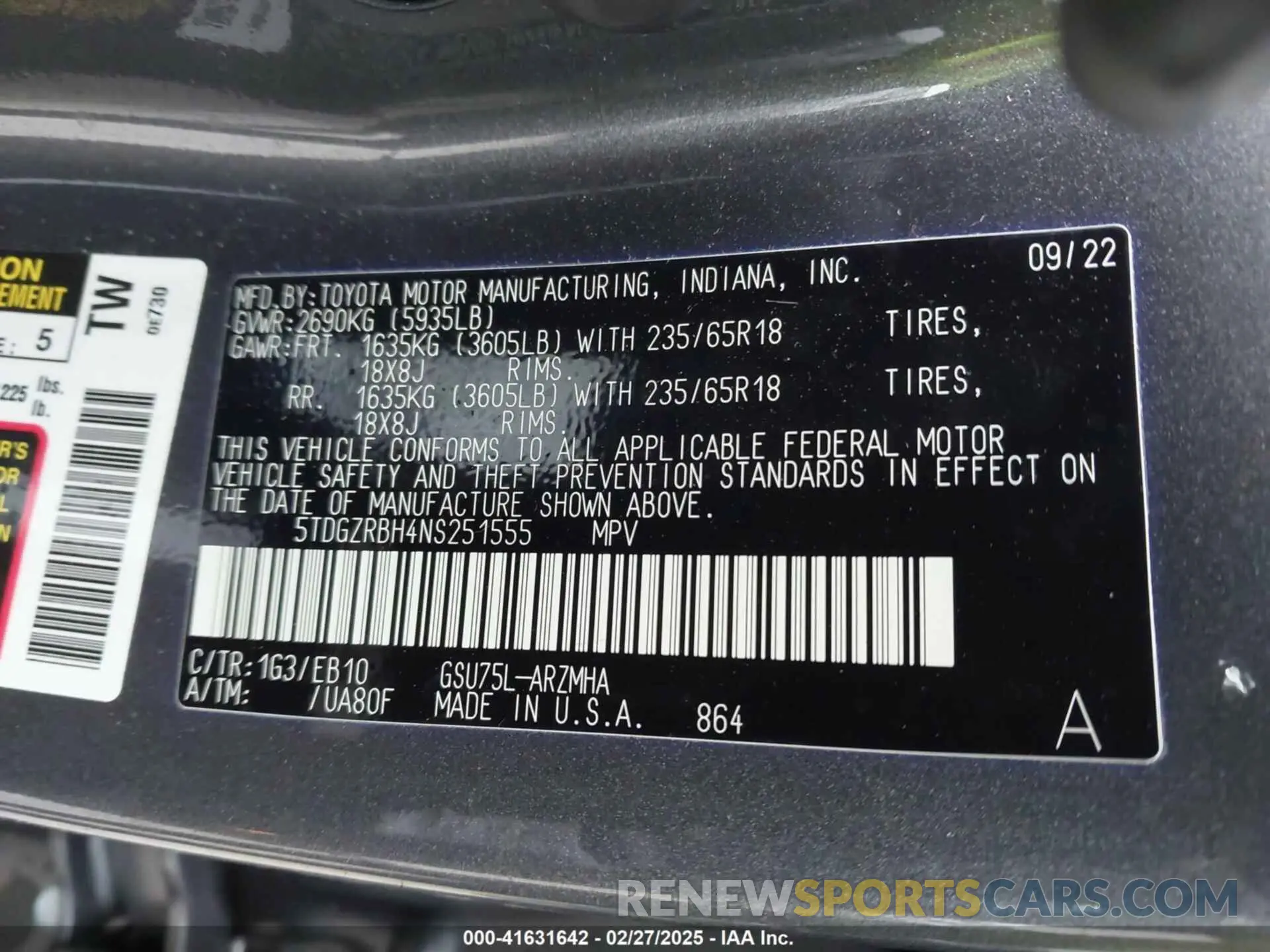 9 fotografías del automóvil dañado 5TDGZRBH4NS251555 TOYOTA HIGHLANDER 2022