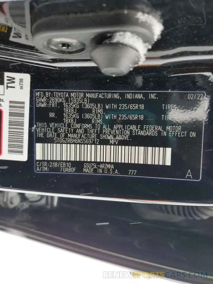 13 fotografías del automóvil dañado 5TDGZRBH6NS569712 TOYOTA HIGHLANDER 2022