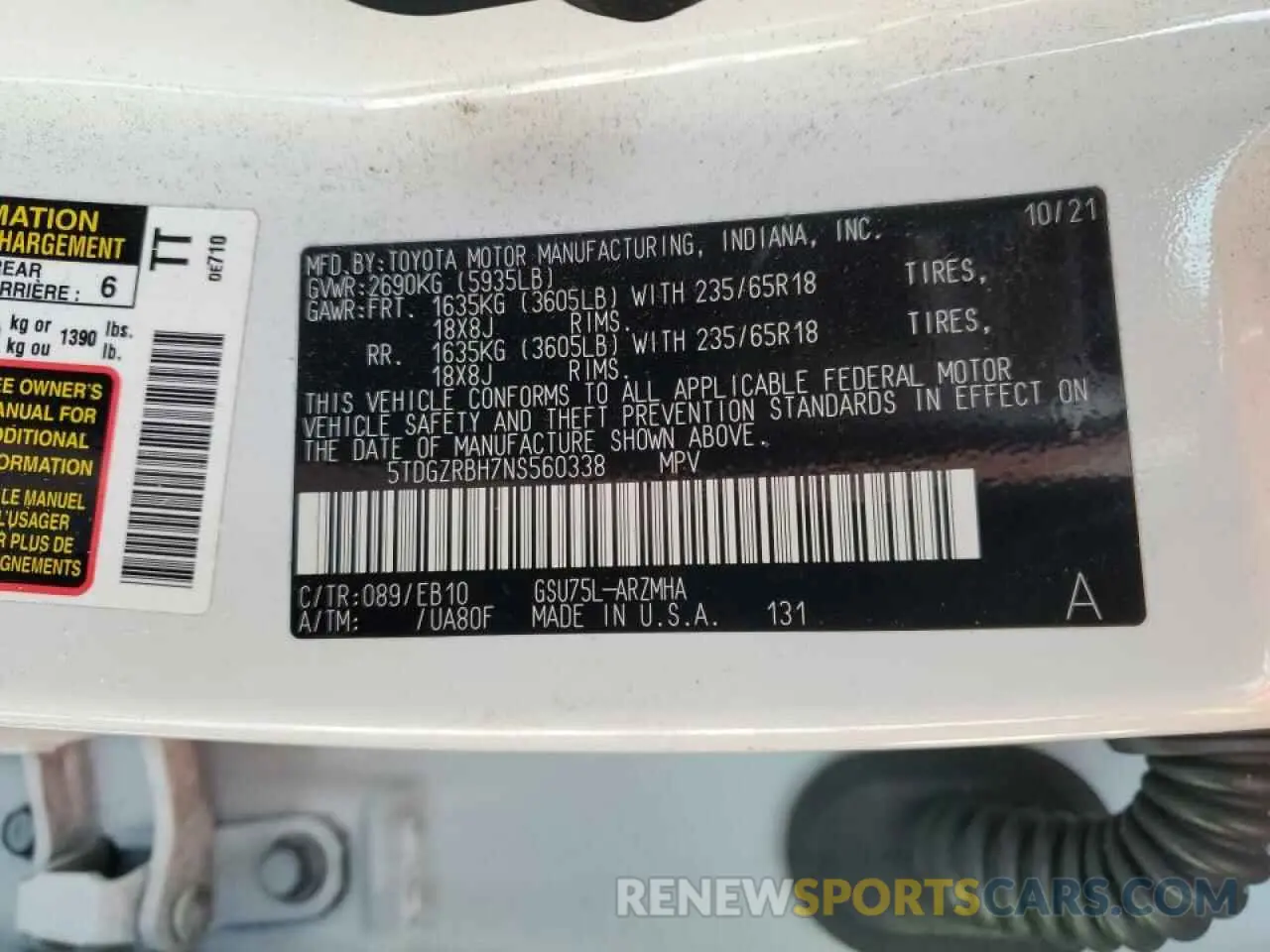 12 fotografías del automóvil dañado 5TDGZRBH7NS560338 TOYOTA HIGHLANDER 2022