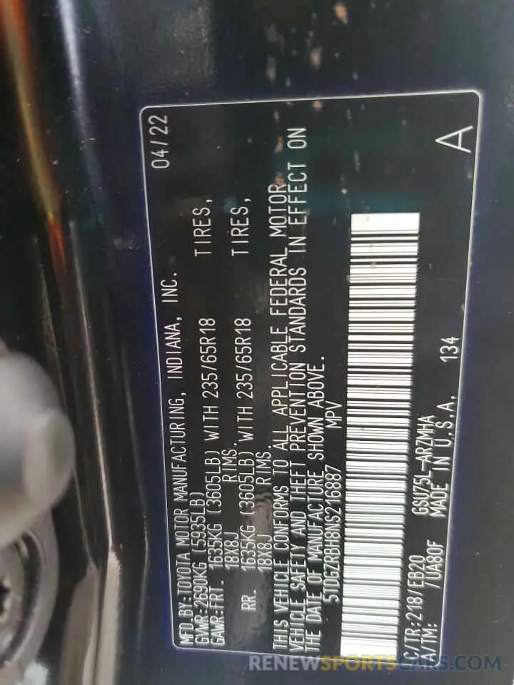 16 fotografías del automóvil dañado 5TDGZRBH8NS216887 TOYOTA HIGHLANDER 2022