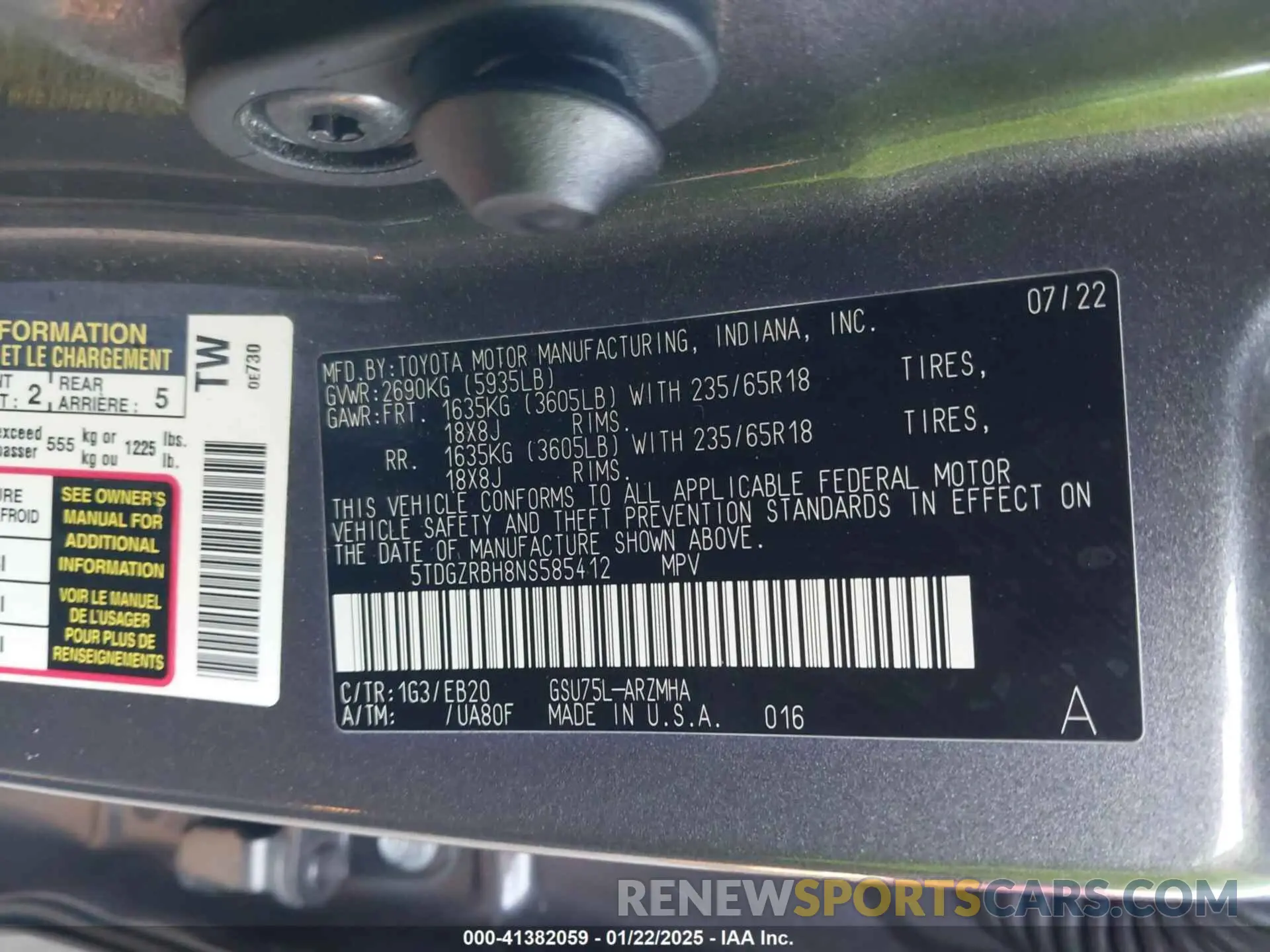 9 fotografías del automóvil dañado 5TDGZRBH8NS585412 TOYOTA HIGHLANDER 2022