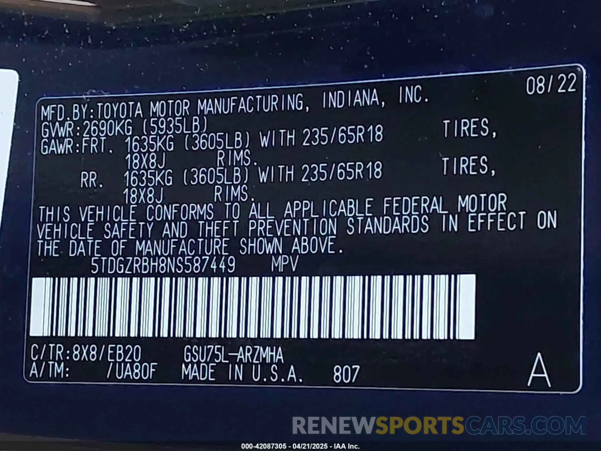 9 fotografías del automóvil dañado 5TDGZRBH8NS587449 TOYOTA HIGHLANDER 2022