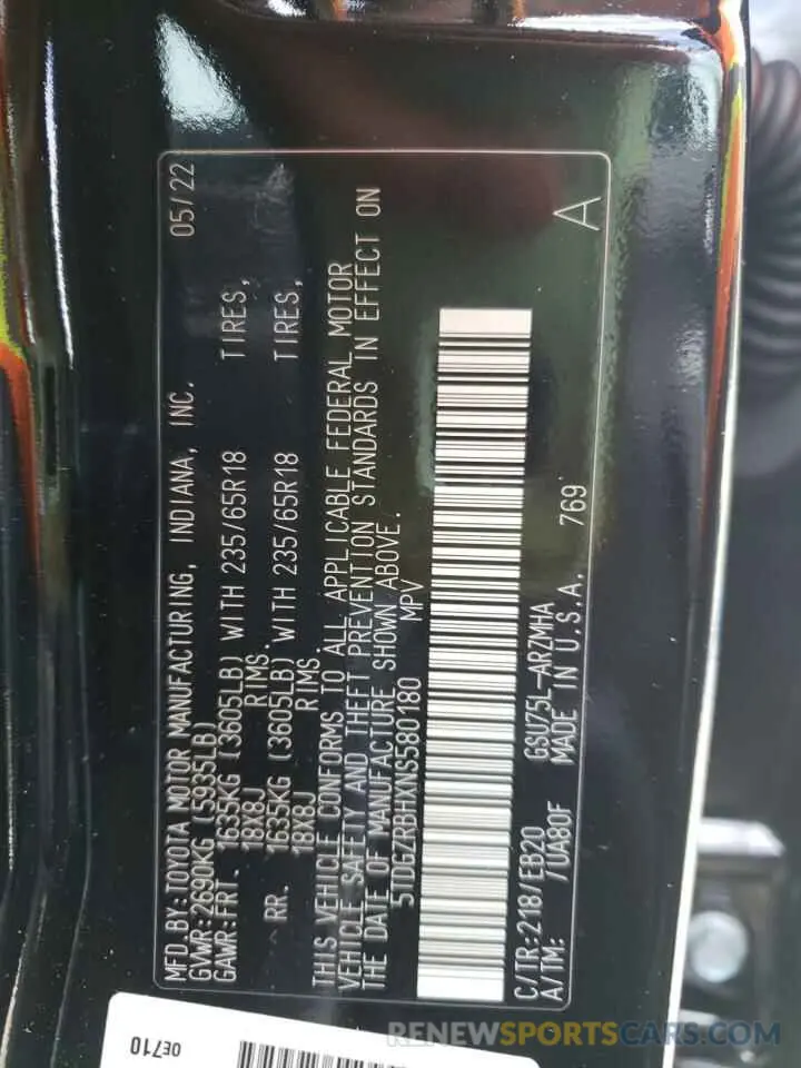 10 fotografías del automóvil dañado 5TDGZRBHXNS580180 TOYOTA HIGHLANDER 2022