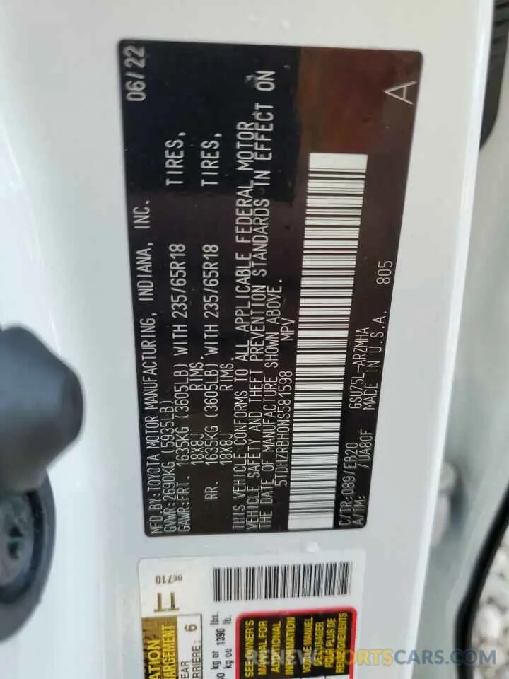 14 fotografías del automóvil dañado 5TDHZRBH0NS581598 TOYOTA HIGHLANDER 2022