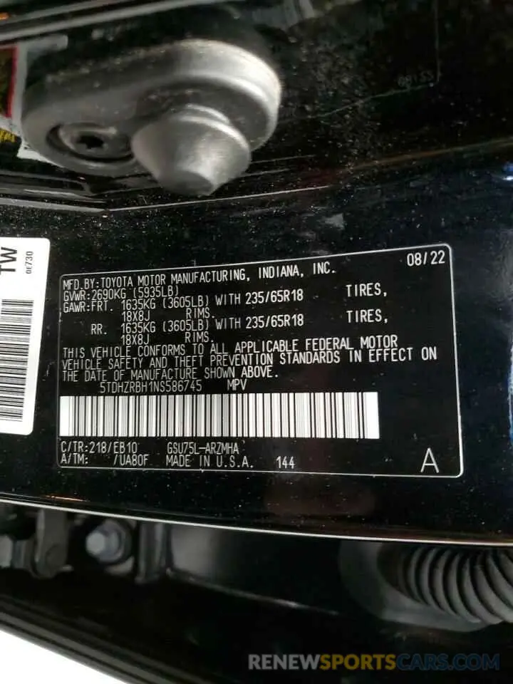 14 fotografías del automóvil dañado 5TDHZRBH1NS586745 TOYOTA HIGHLANDER 2022
