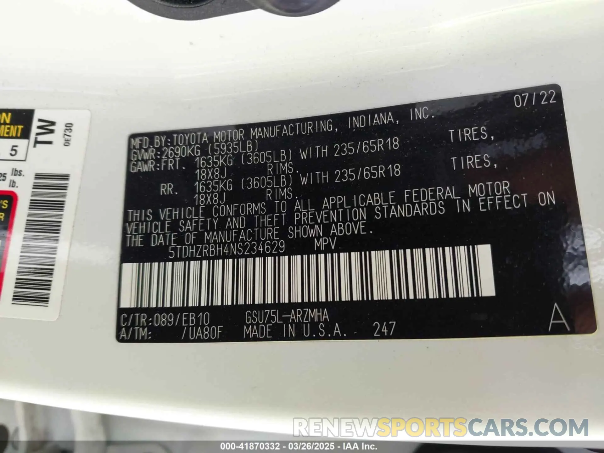 9 fotografías del automóvil dañado 5TDHZRBH4NS234629 TOYOTA HIGHLANDER 2022