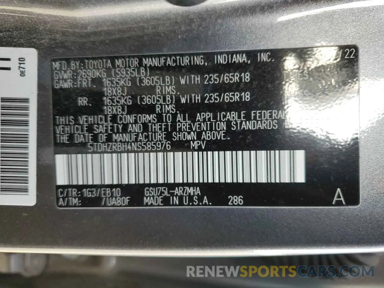 14 fotografías del automóvil dañado 5TDHZRBH4NS585976 TOYOTA HIGHLANDER 2022
