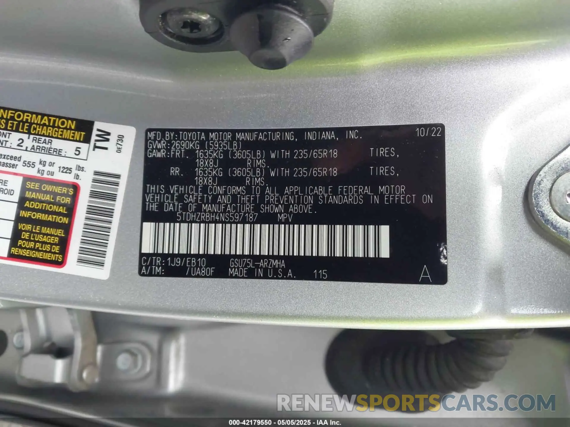 9 fotografías del automóvil dañado 5TDHZRBH4NS597187 TOYOTA HIGHLANDER 2022