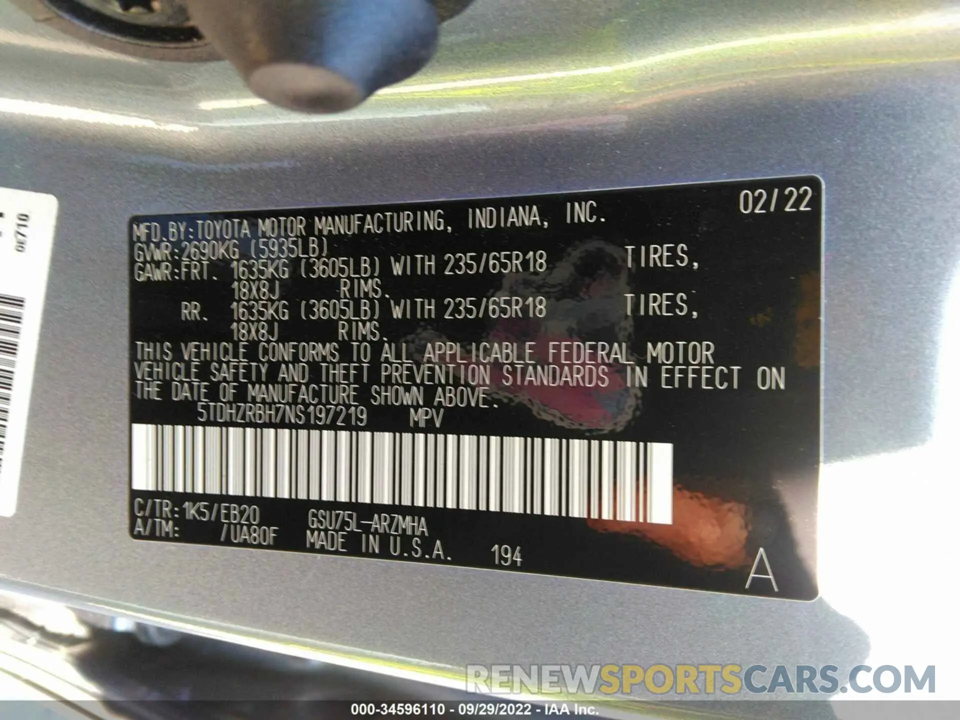 9 fotografías del automóvil dañado 5TDHZRBH7NS197219 TOYOTA HIGHLANDER 2022