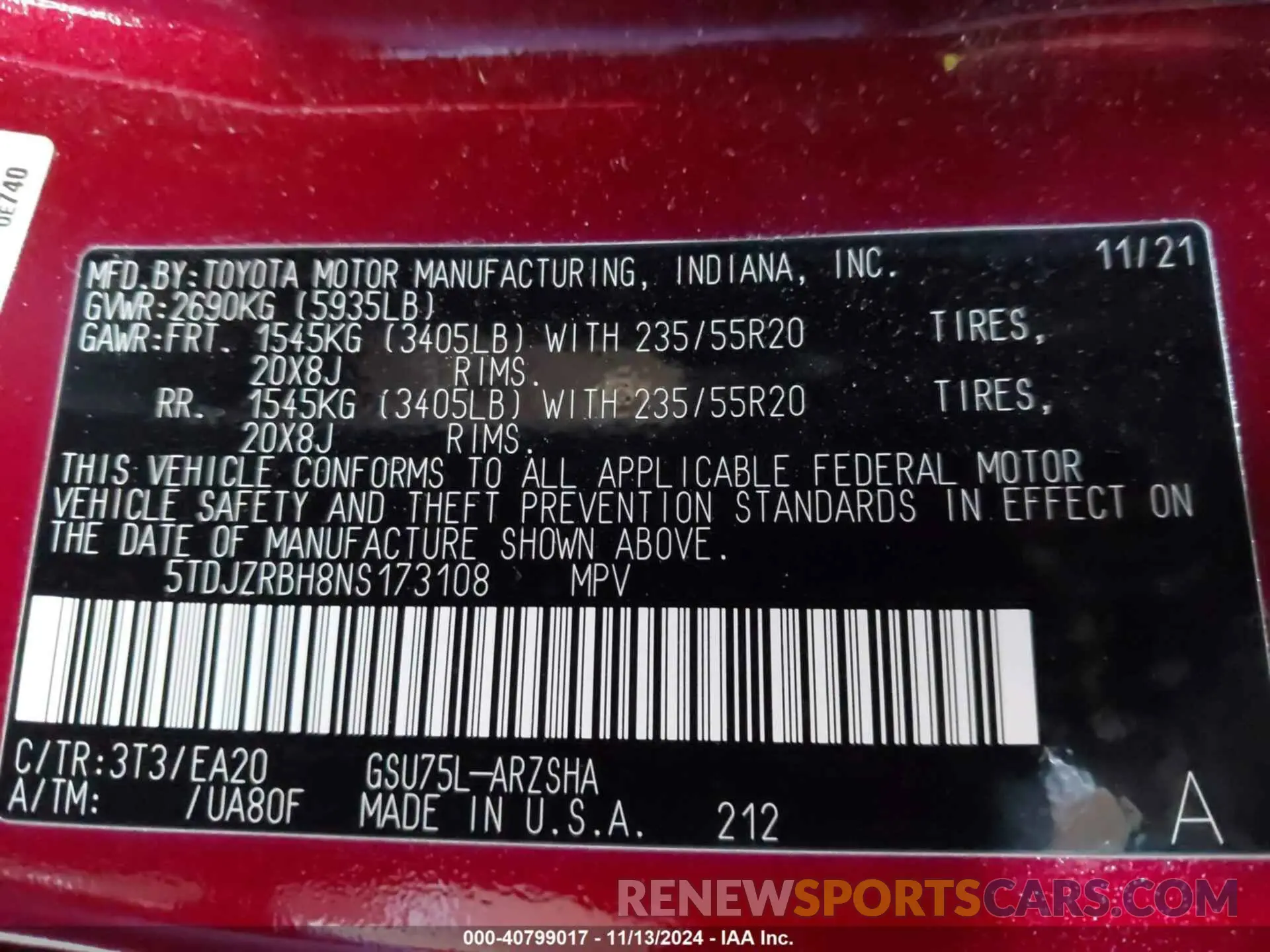 9 fotografías del automóvil dañado 5TDJZRBH8NS173108 TOYOTA HIGHLANDER 2022