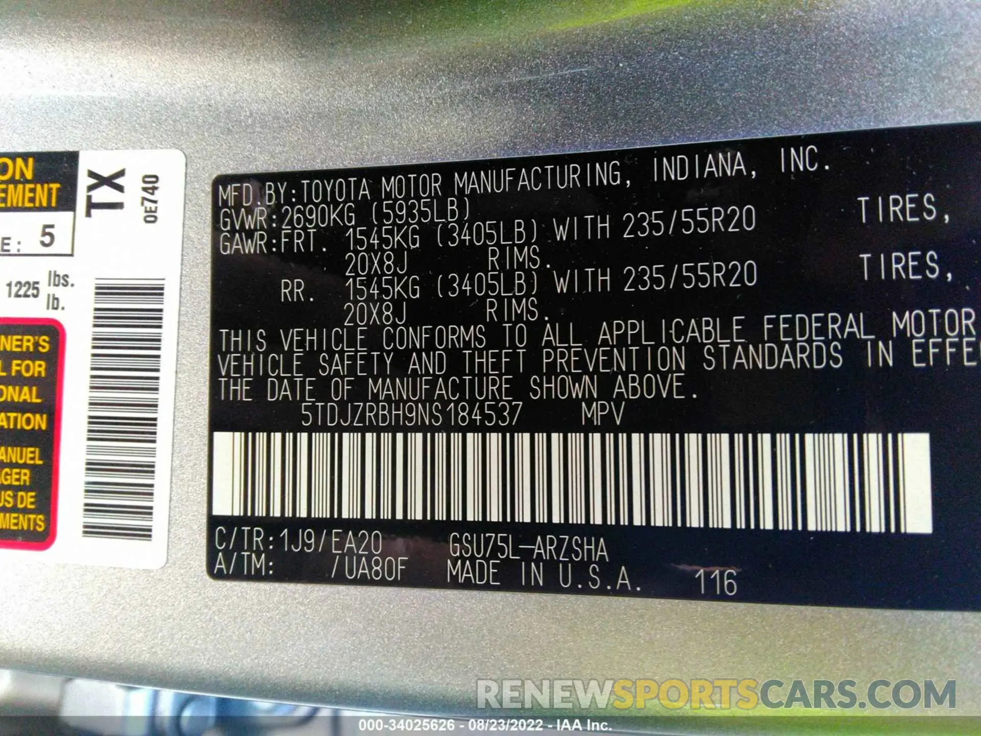 9 fotografías del automóvil dañado 5TDJZRBH9NS184537 TOYOTA HIGHLANDER 2022