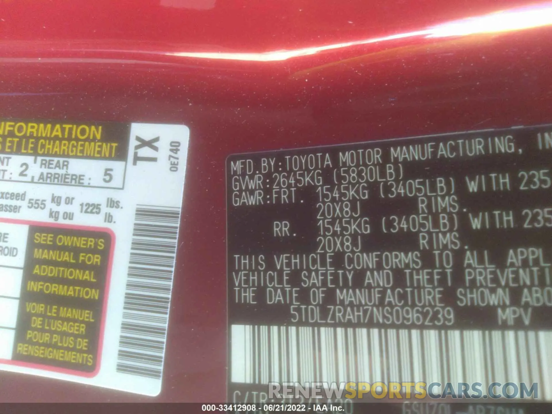9 fotografías del automóvil dañado 5TDLZRAH7NS096239 TOYOTA HIGHLANDER 2022