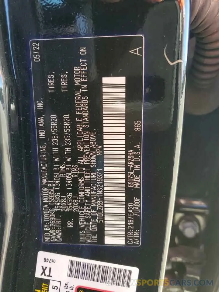 14 fotografías del automóvil dañado 5TDLZRBH1NS219371 TOYOTA HIGHLANDER 2022