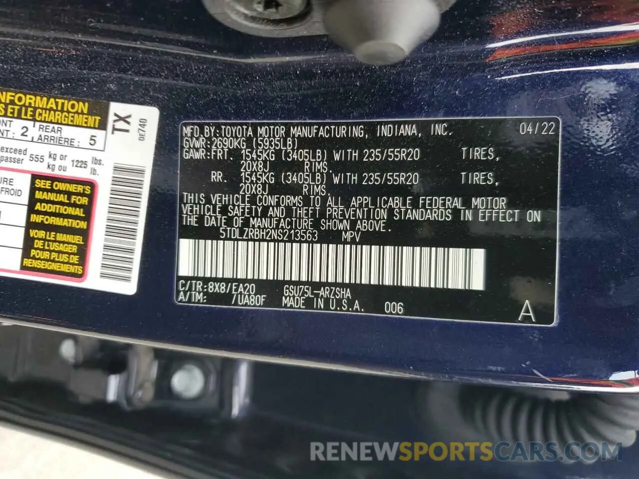 14 fotografías del automóvil dañado 5TDLZRBH2NS213563 TOYOTA HIGHLANDER 2022