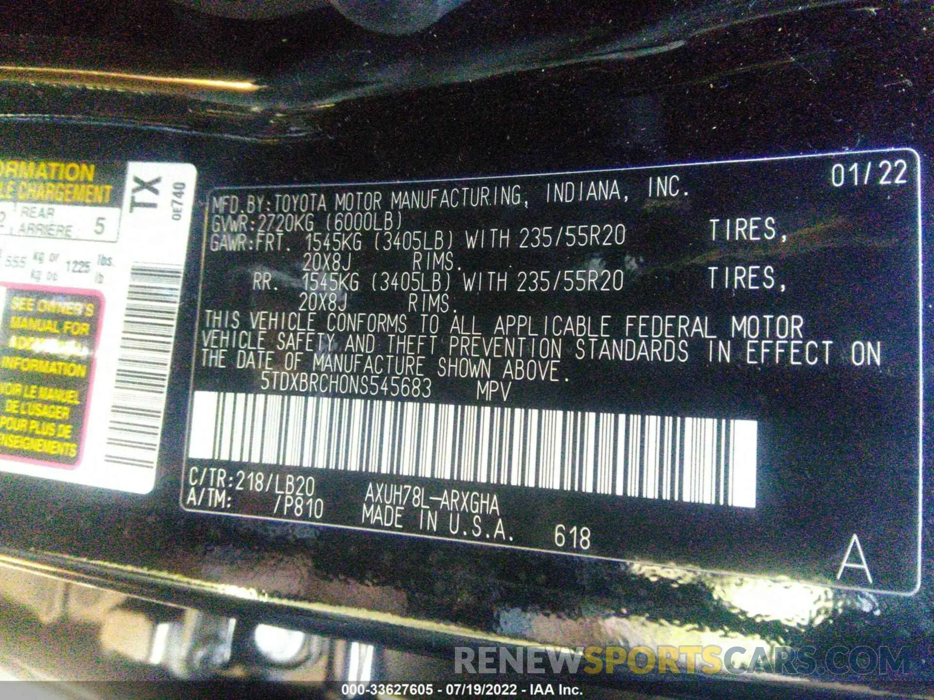 9 fotografías del automóvil dañado 5TDXBRCH0NS545683 TOYOTA HIGHLANDER 2022