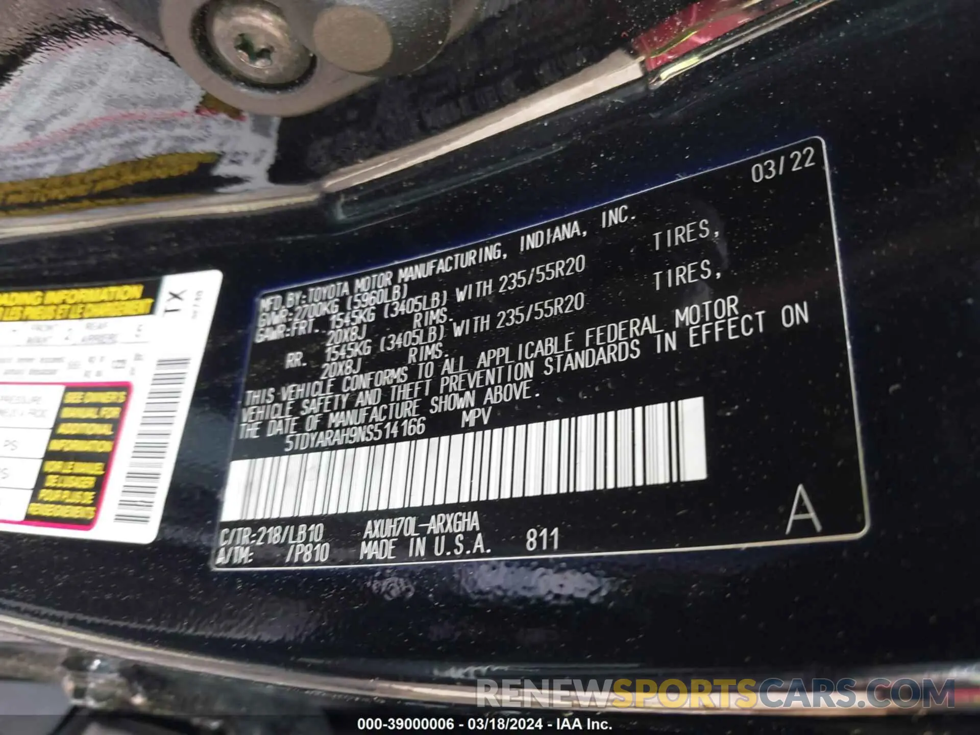 9 fotografías del automóvil dañado 5TDYARAH9NS514166 TOYOTA HIGHLANDER 2022