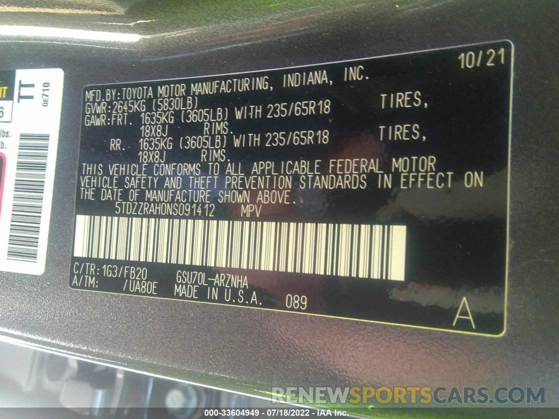 9 fotografías del automóvil dañado 5TDZZRAH0NS091412 TOYOTA HIGHLANDER 2022