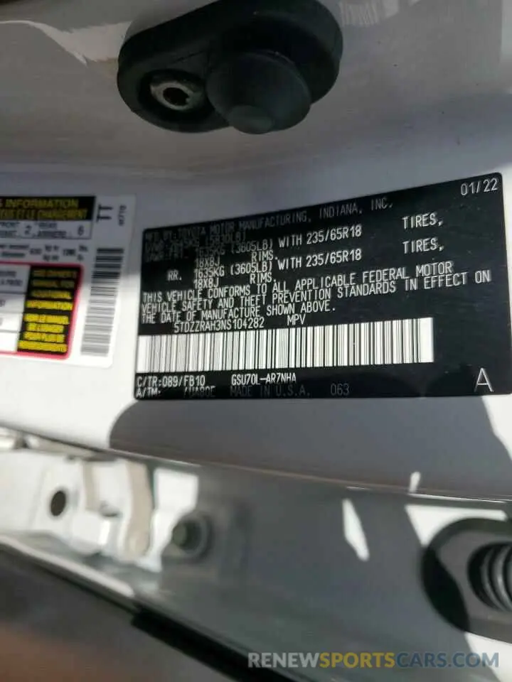 13 fotografías del automóvil dañado 5TDZZRAH3NS104282 TOYOTA HIGHLANDER 2022
