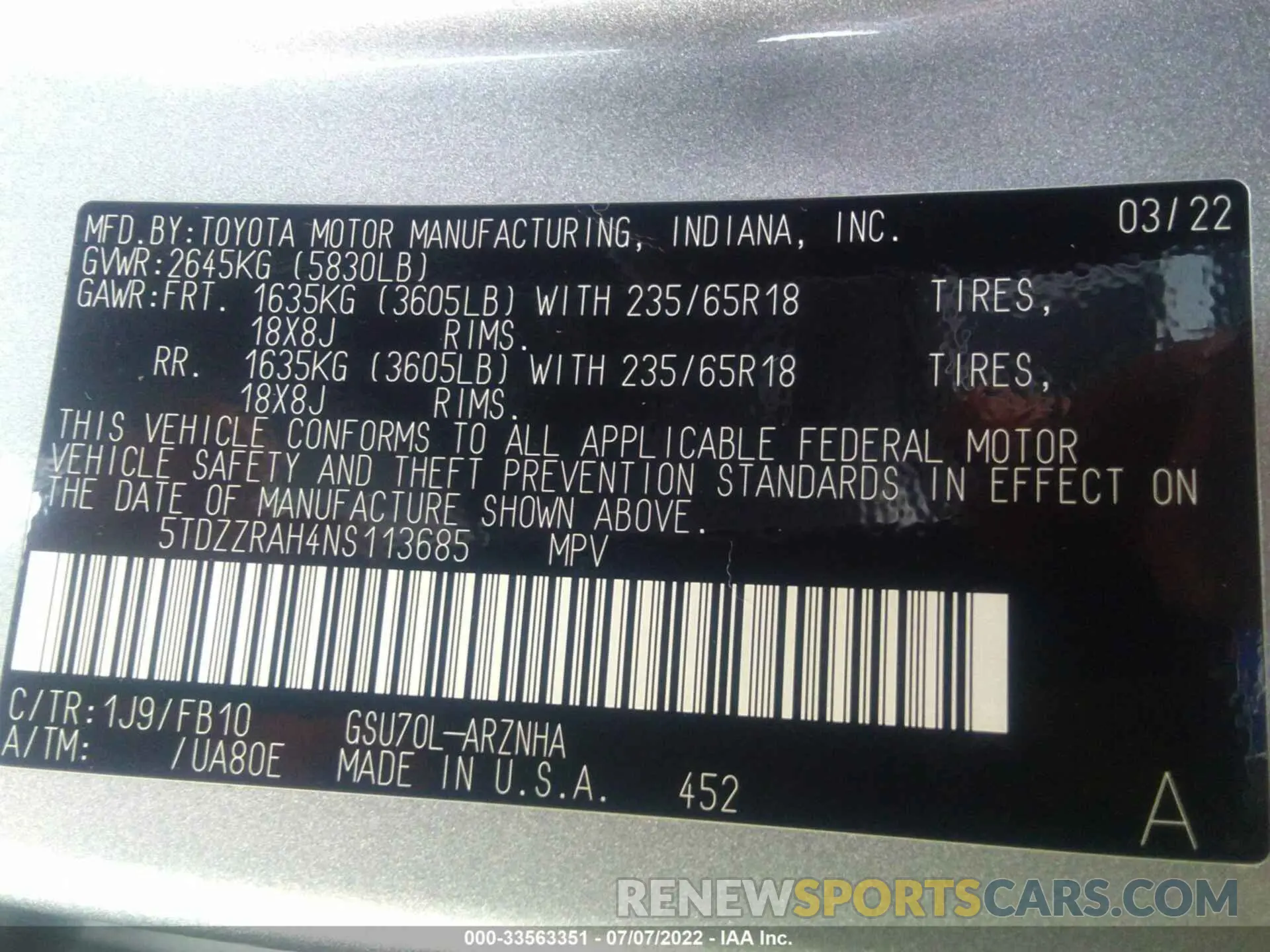 9 fotografías del automóvil dañado 5TDZZRAH4NS113685 TOYOTA HIGHLANDER 2022