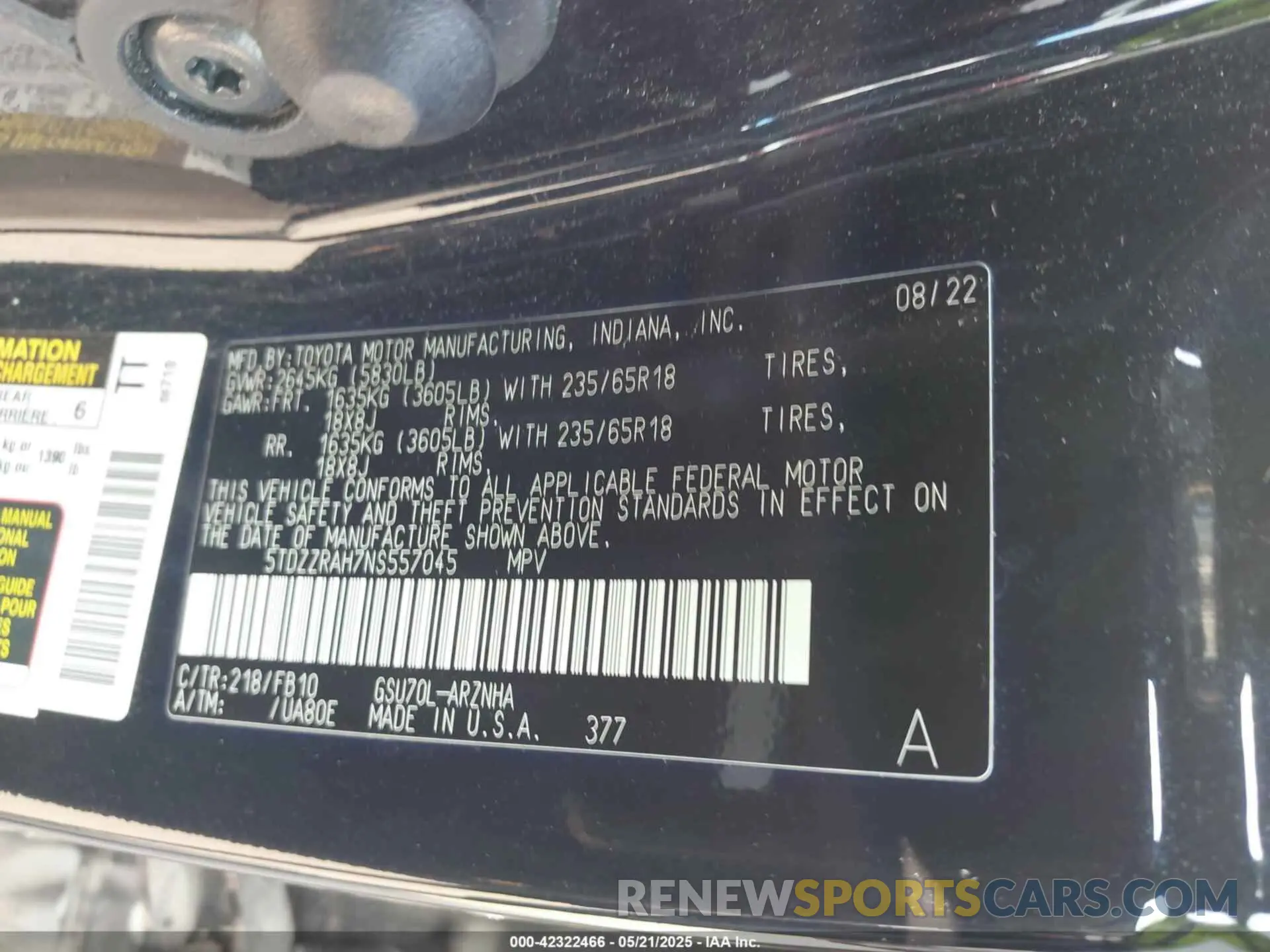 9 fotografías del automóvil dañado 5TDZZRAH7NS557045 TOYOTA HIGHLANDER 2022