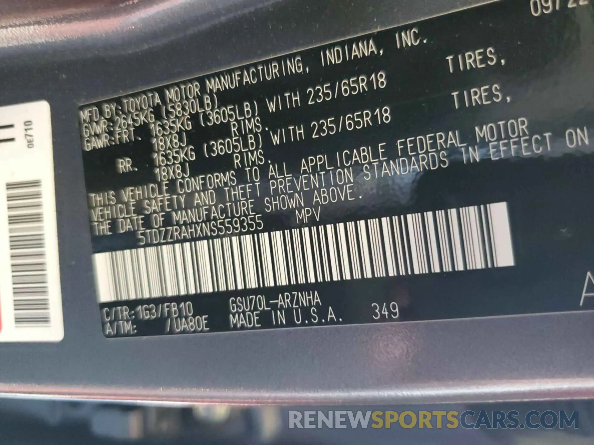 18 fotografías del automóvil dañado 5TDZZRAHXNS559355 TOYOTA HIGHLANDER 2022