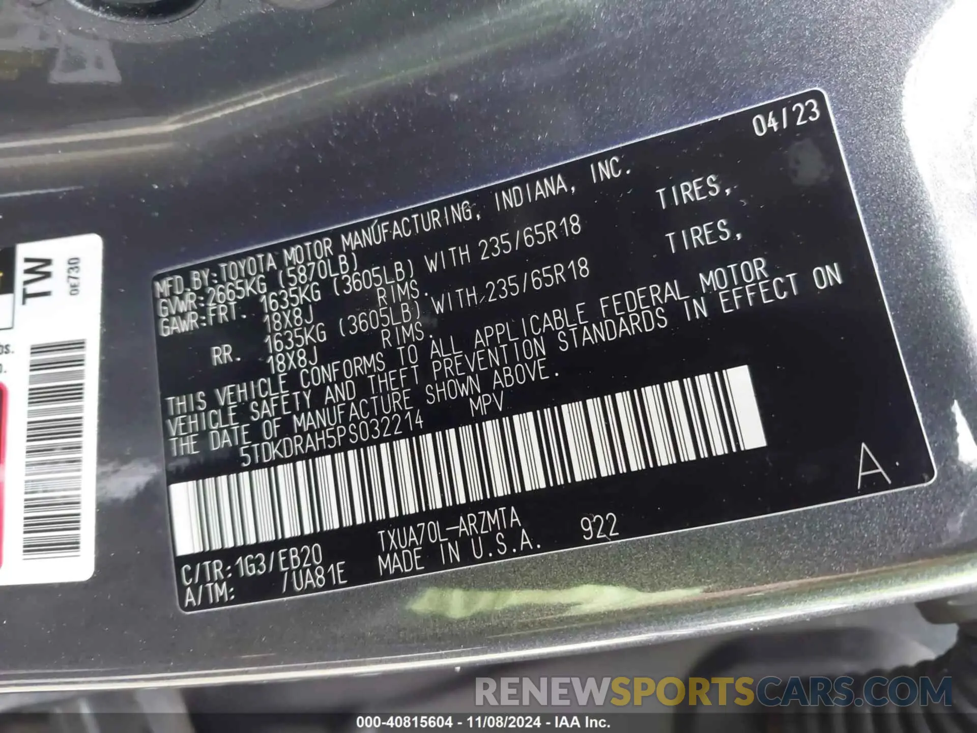 9 fotografías del automóvil dañado 5TDKDRAH5PS032214 TOYOTA HIGHLANDER 2023