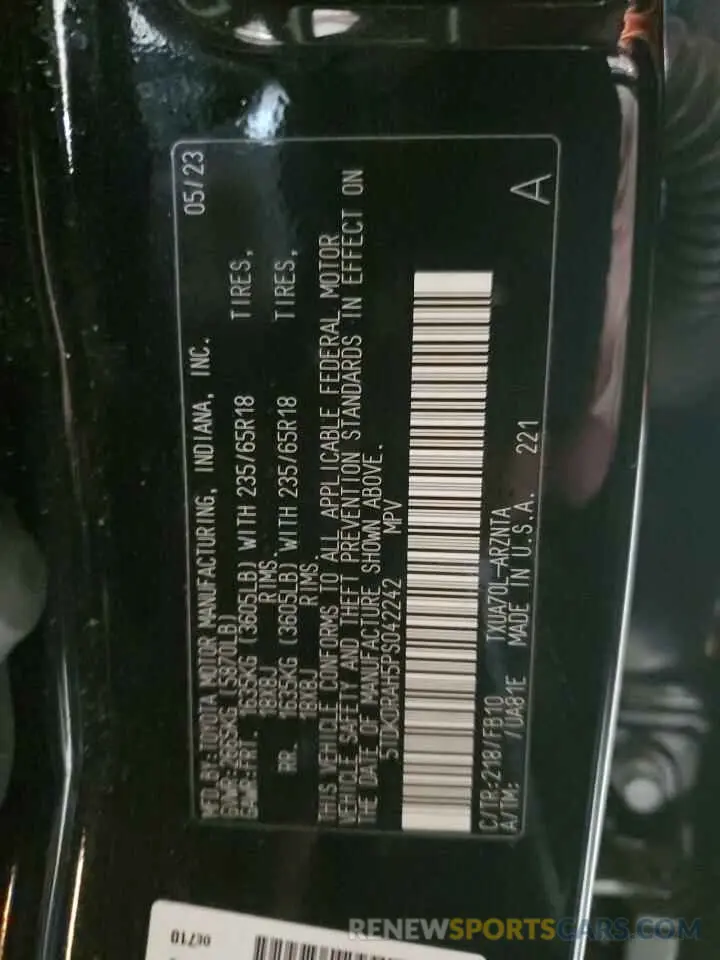 15 fotografías del automóvil dañado 5TDKDRAH5PS042242 TOYOTA HIGHLANDER 2023