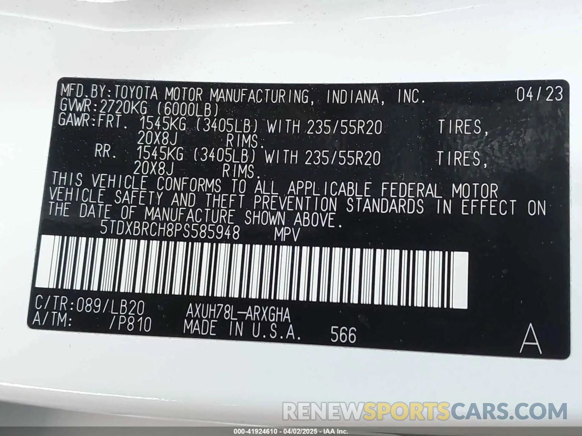 9 fotografías del automóvil dañado 5TDXBRCH8PS585948 TOYOTA HIGHLANDER 2023