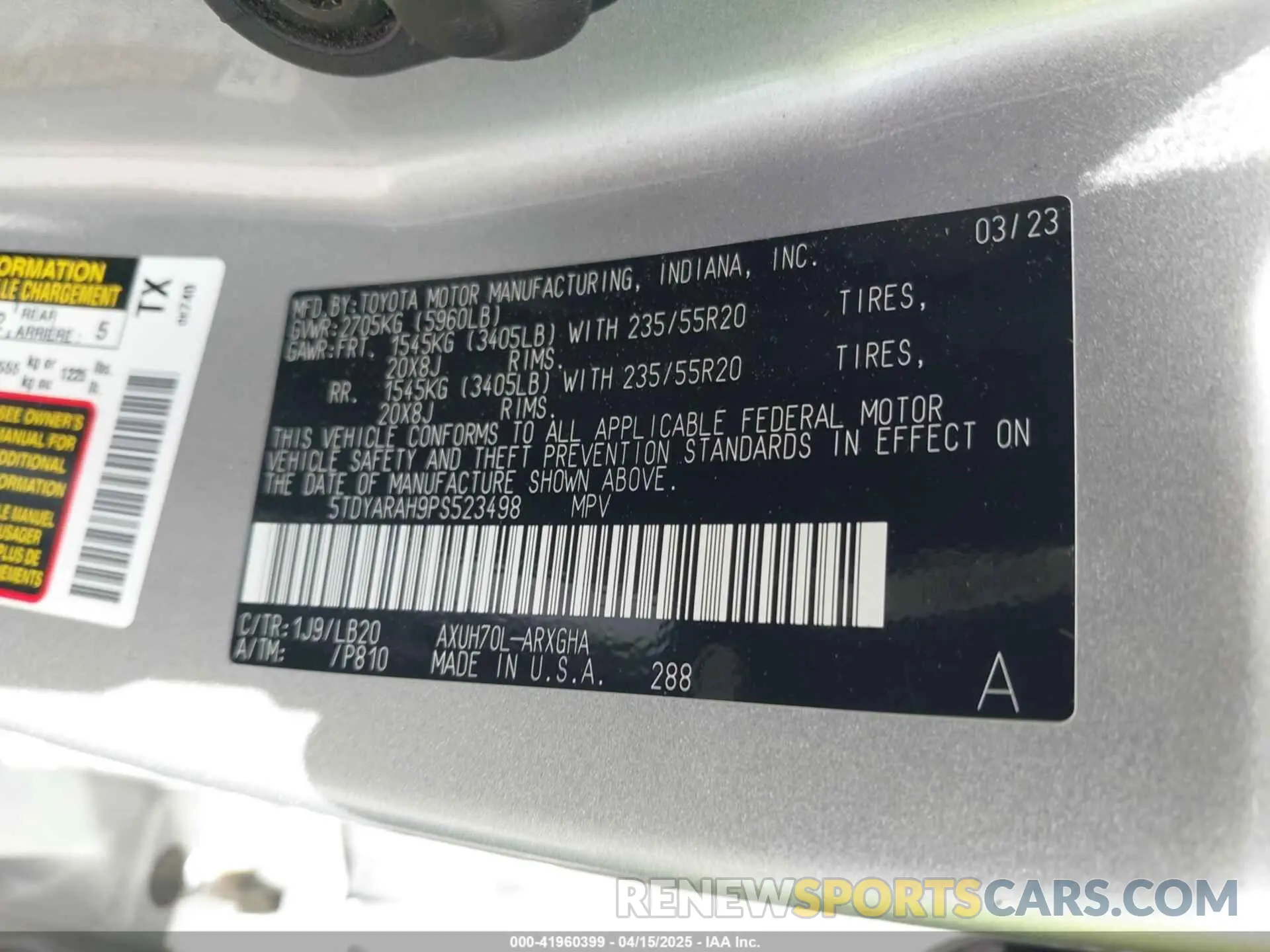 9 fotografías del automóvil dañado 5TDYARAH9PS523498 TOYOTA HIGHLANDER 2023