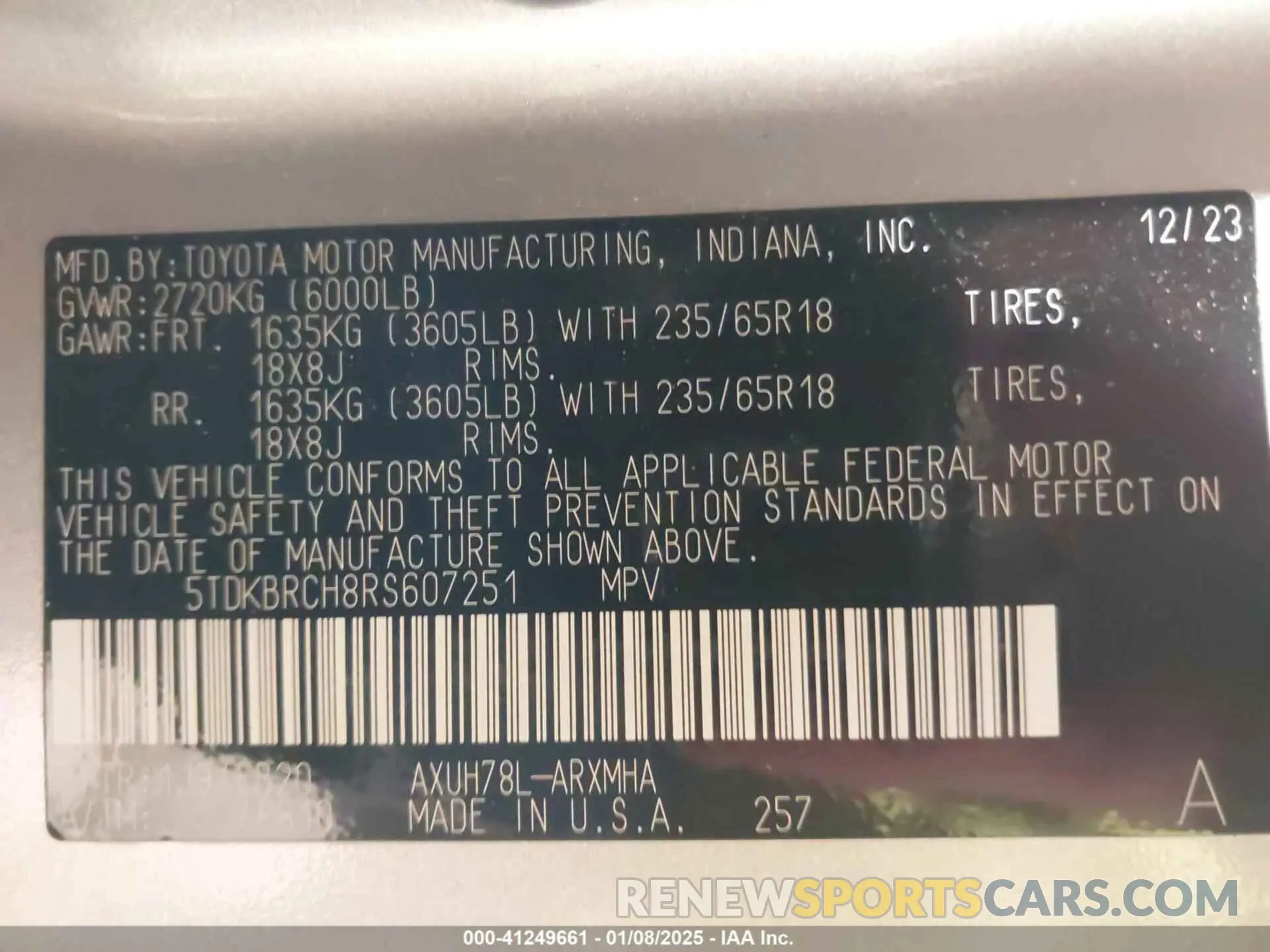 9 fotografías del automóvil dañado 5TDKBRCH8RS607251 TOYOTA HIGHLANDER 2024