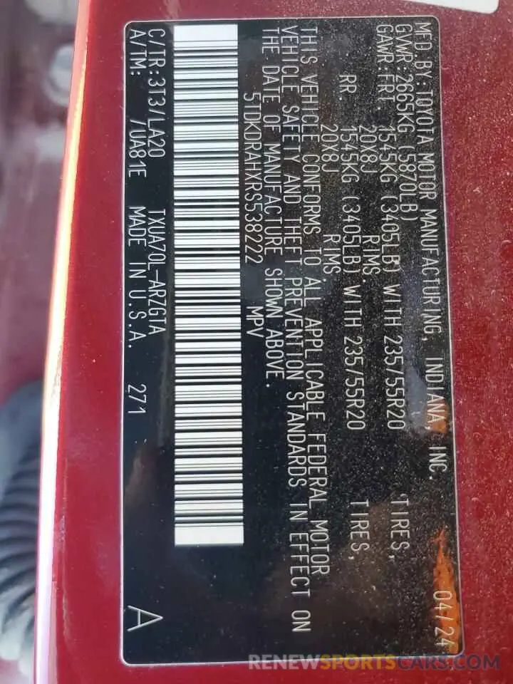 13 fotografías del automóvil dañado 5TDKDRAHXRS538222 TOYOTA HIGHLANDER 2024