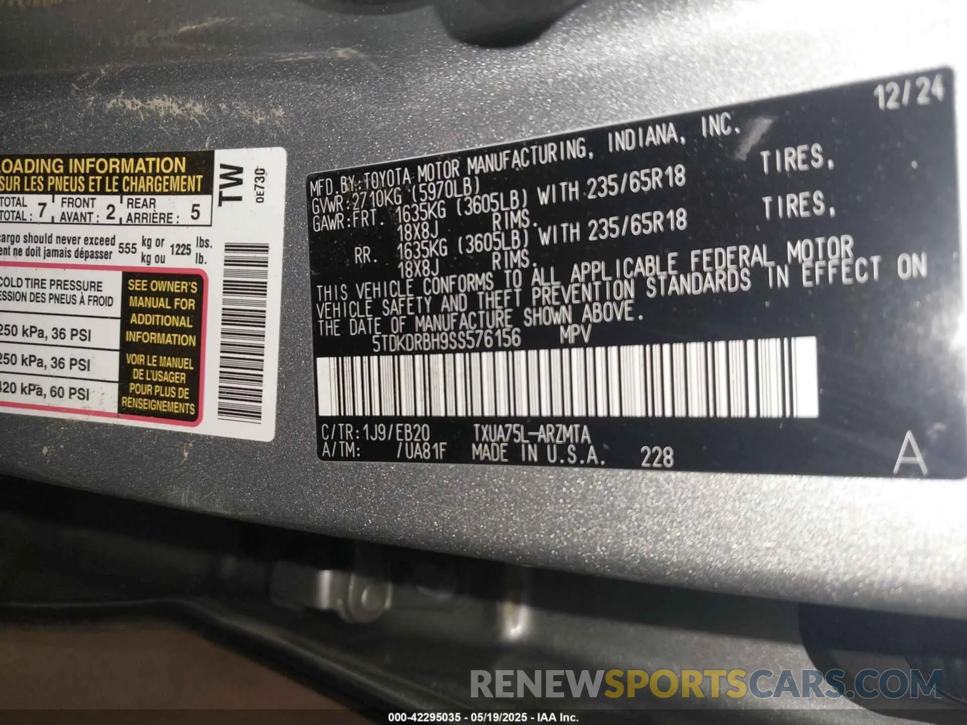 9 fotografías del automóvil dañado 5TDKDRBH9SS576156 TOYOTA HIGHLANDER 2025