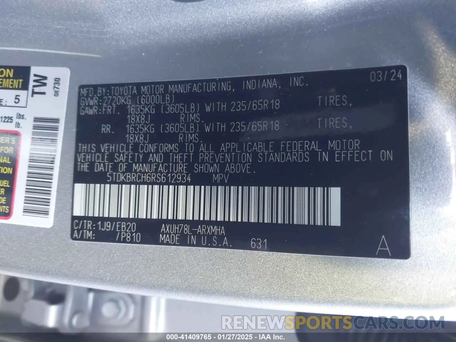 9 fotografías del automóvil dañado 5TDKBRCH6RS612934 TOYOTA HIGHLANDER HYBRID 2024